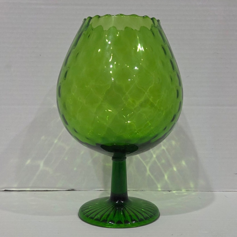 Vintage Green Glass Brandy Snifter Vase Oversized Scalloped Rim Pedestal 9 inch
